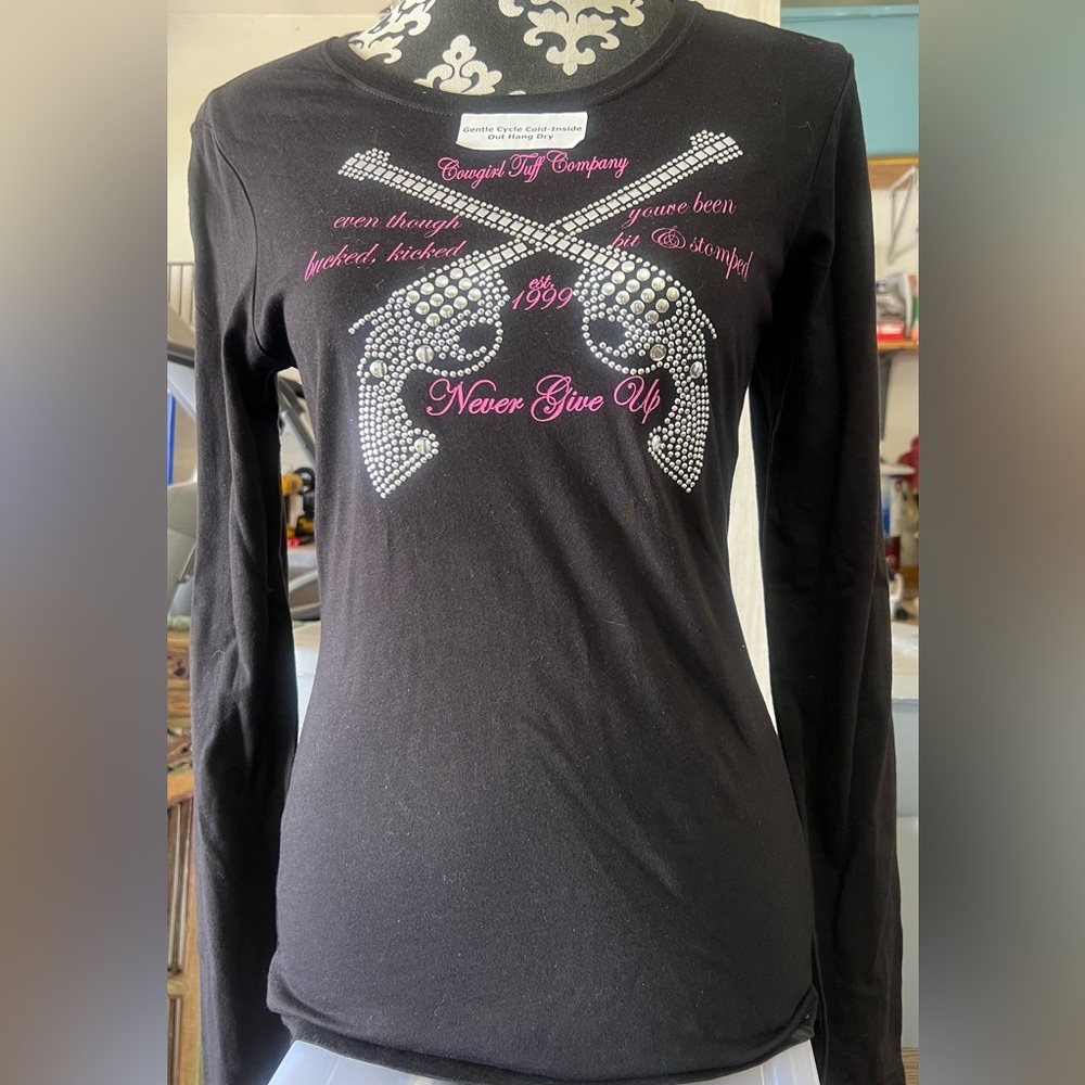 Cowgirl Tuff Black Long Sleeve Top with Rhinestone Pistols